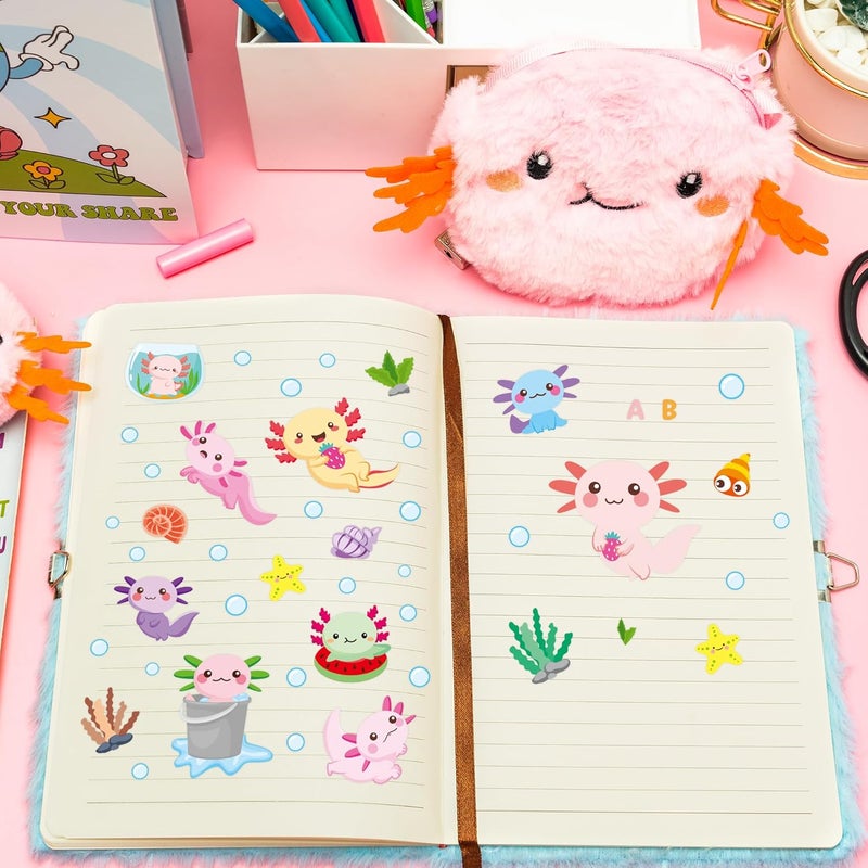 CY2SIDE 6PCS Axolotl Diary with Lock and Keys for Kids, Axolotl Plush Secret Diary Notebook with Coin Purse Pen Stickers and Squeeze Toy, Idea Birthday Christams Gifts for Teen 6 7 8 Girls DIY Gift - Image 4